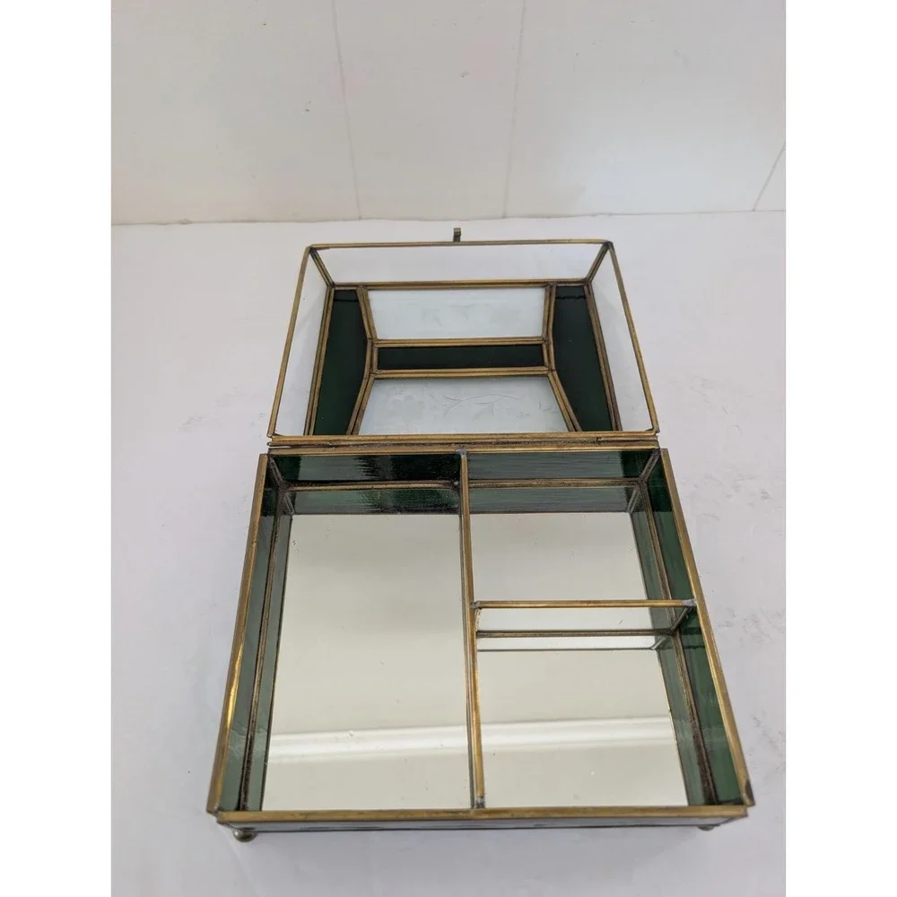 Jewelry Box Etched Floral Stained Glass Green Clear Vintage Glass Trinket FLAW - Picture 6 of 16